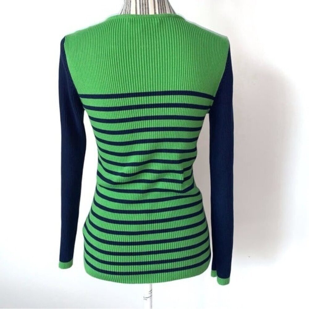 Lauren Ralph Lauren Rib Knit Sweater Womens Medium Logo Buttons Blue Green Prep - Picture 3 of 9